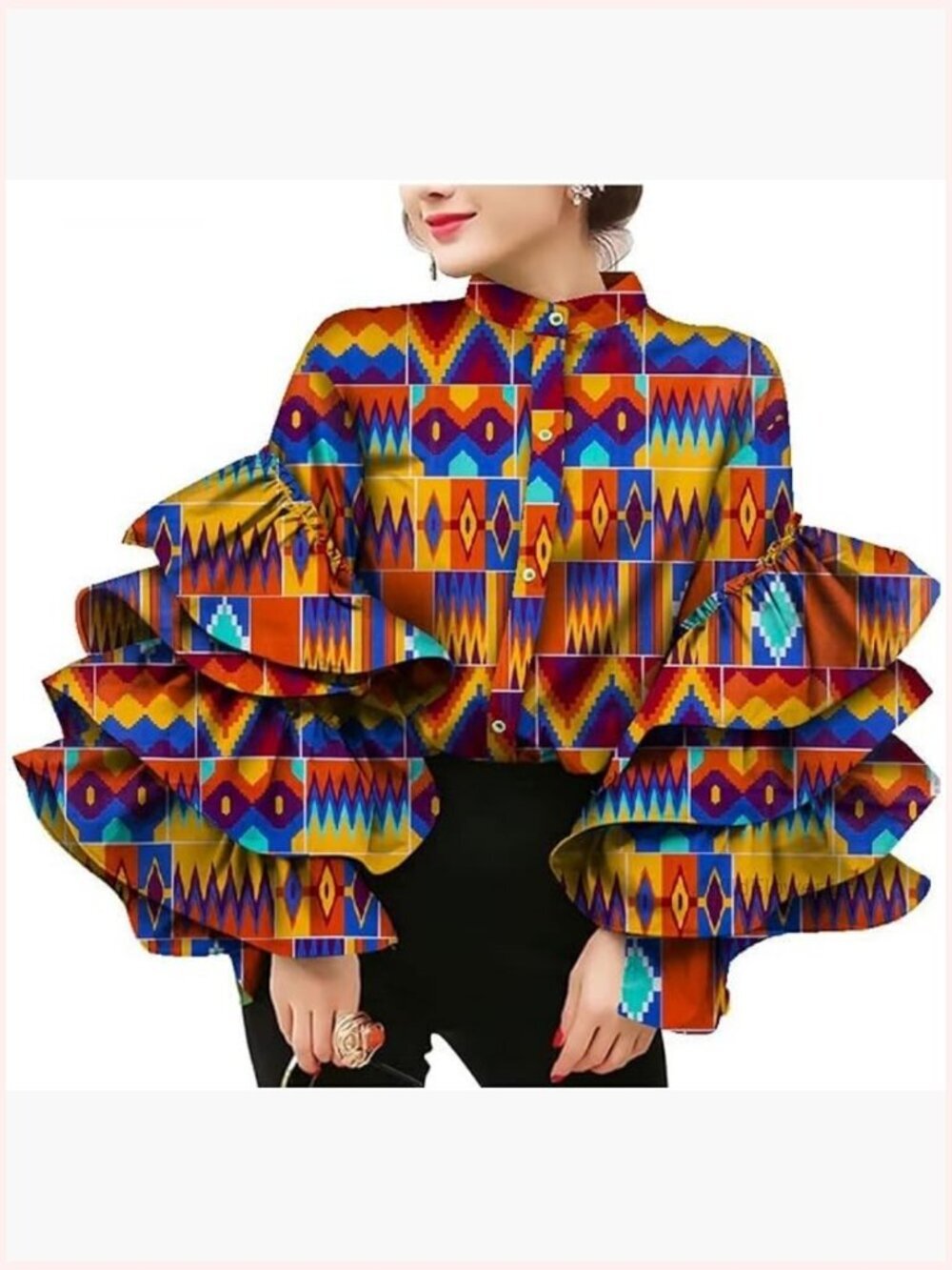 African Print Long Sleeve Button Down Square Collar Ruffle Blouse
